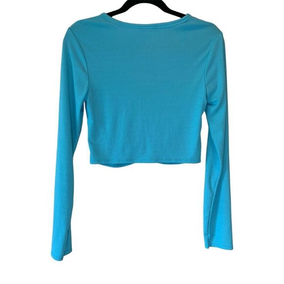 Zara Size Medium Rib Knit Crop Ruched Button Cardigan Top Blue - Picture 2 of 3